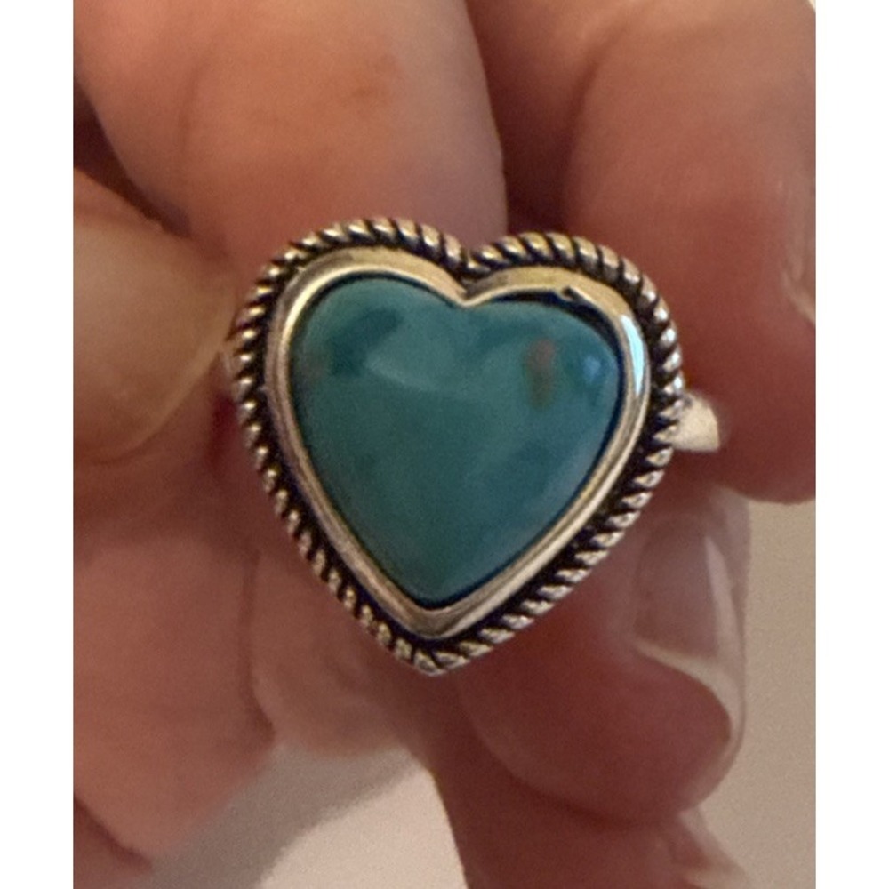Blue Heart Stone Fashion Ring Size 9 Silver Tone Rope Border Statement Jewelry